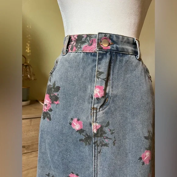 Vintage Cotton Denim Pink Wild Rose Floral Midi Maxi Side Slit High-Waist Skirt - Picture 3 of 16
